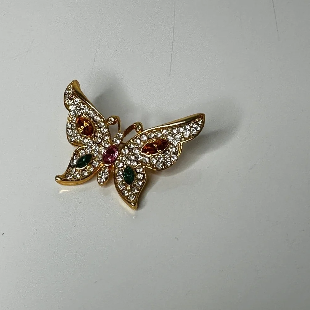 Butterfly‎ Brooch with colorful crystal and gold tone